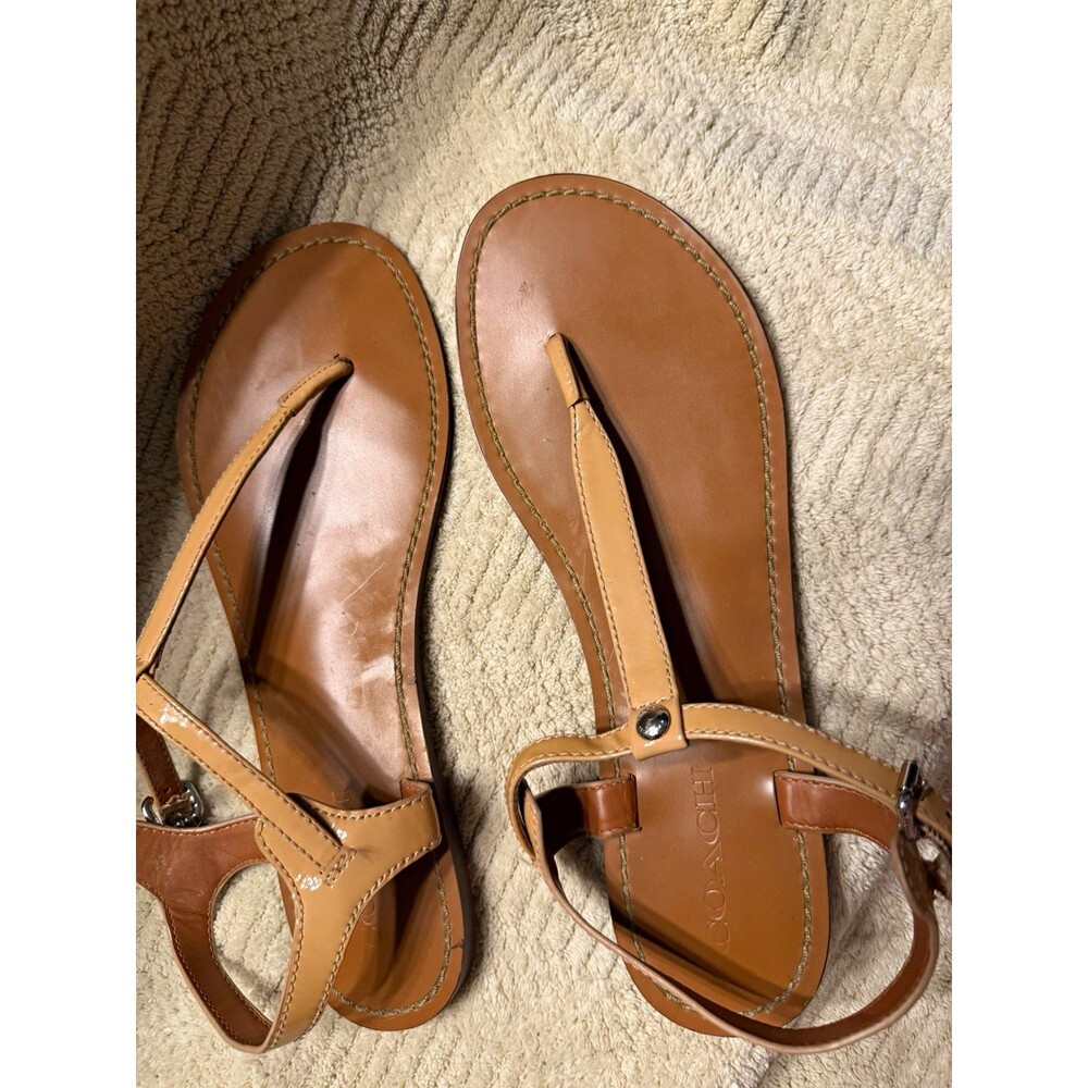 Coach Tan Leather Strappy Sandals Logo Accent Buckle Adjustable Strap US 10